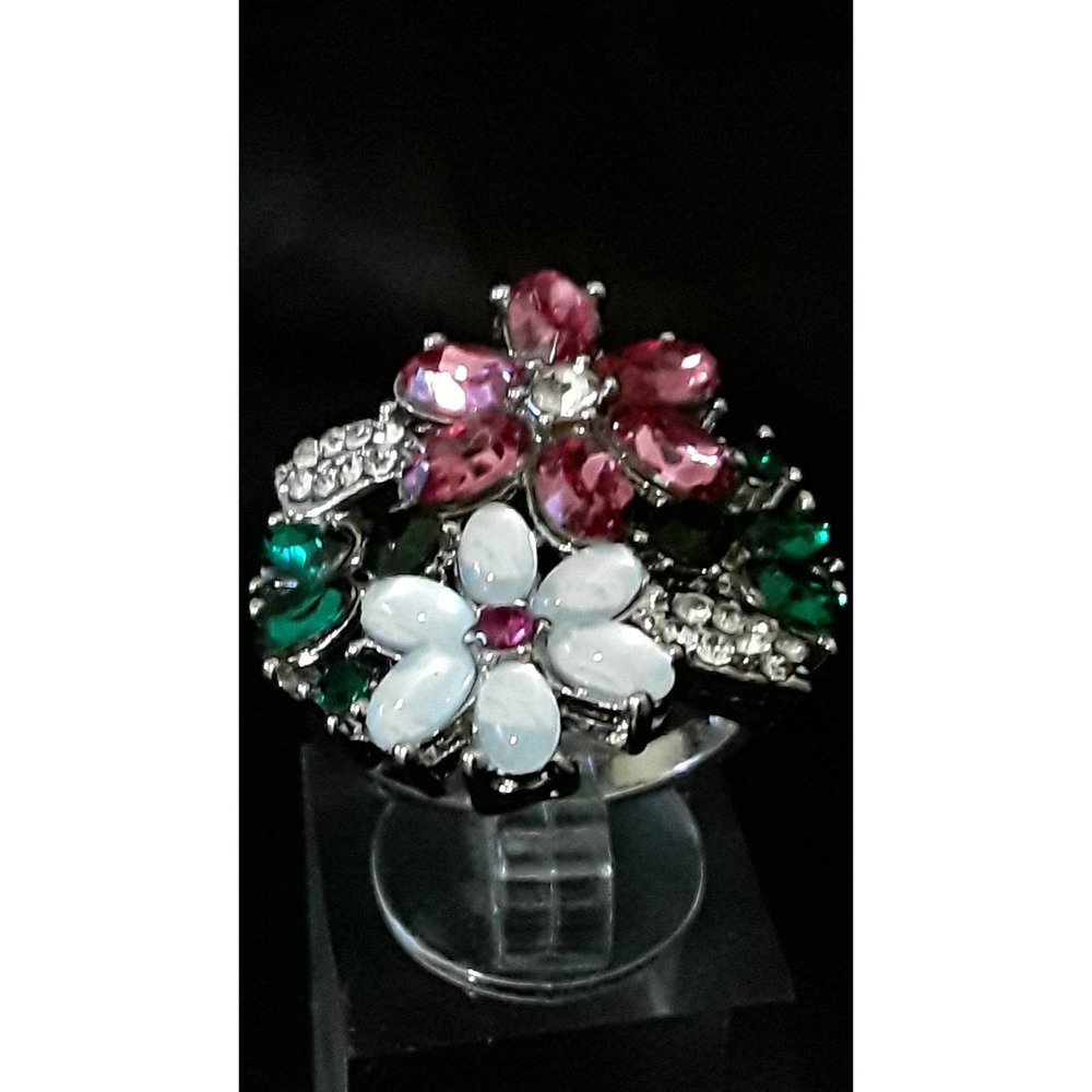 NIB Sz 10 Rubellite Emerald Opal Silver Christmas Cocktail Stmt Ring - Picture 2 of 7